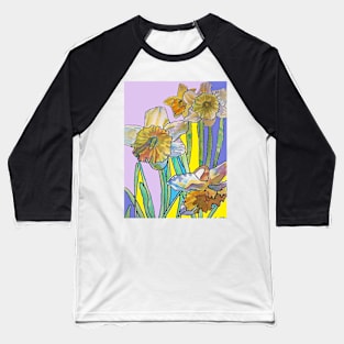 Abstract Yellow Daffodil Watercolor Pattern on Purple Baseball T-Shirt